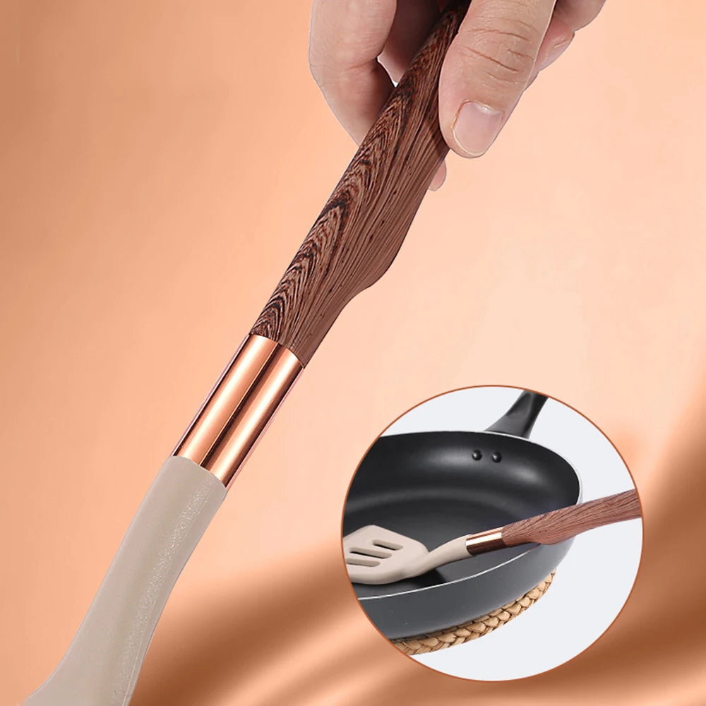 Silicone Cooking Utensils Set Kitchen Heat Resistant Rose Gold-Plated Handle Non-Stick Spatula, Spoon, Quality Gift, 5-13 Pcs