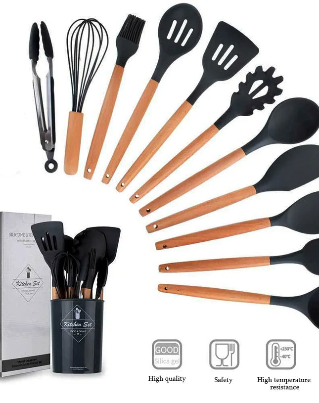 12PCS Silicone Kitchenware Non-Stick Cookware Kitchen Utensils Set Spatula Shovel Egg Beaters Wooden Handle Cooking Tool Set