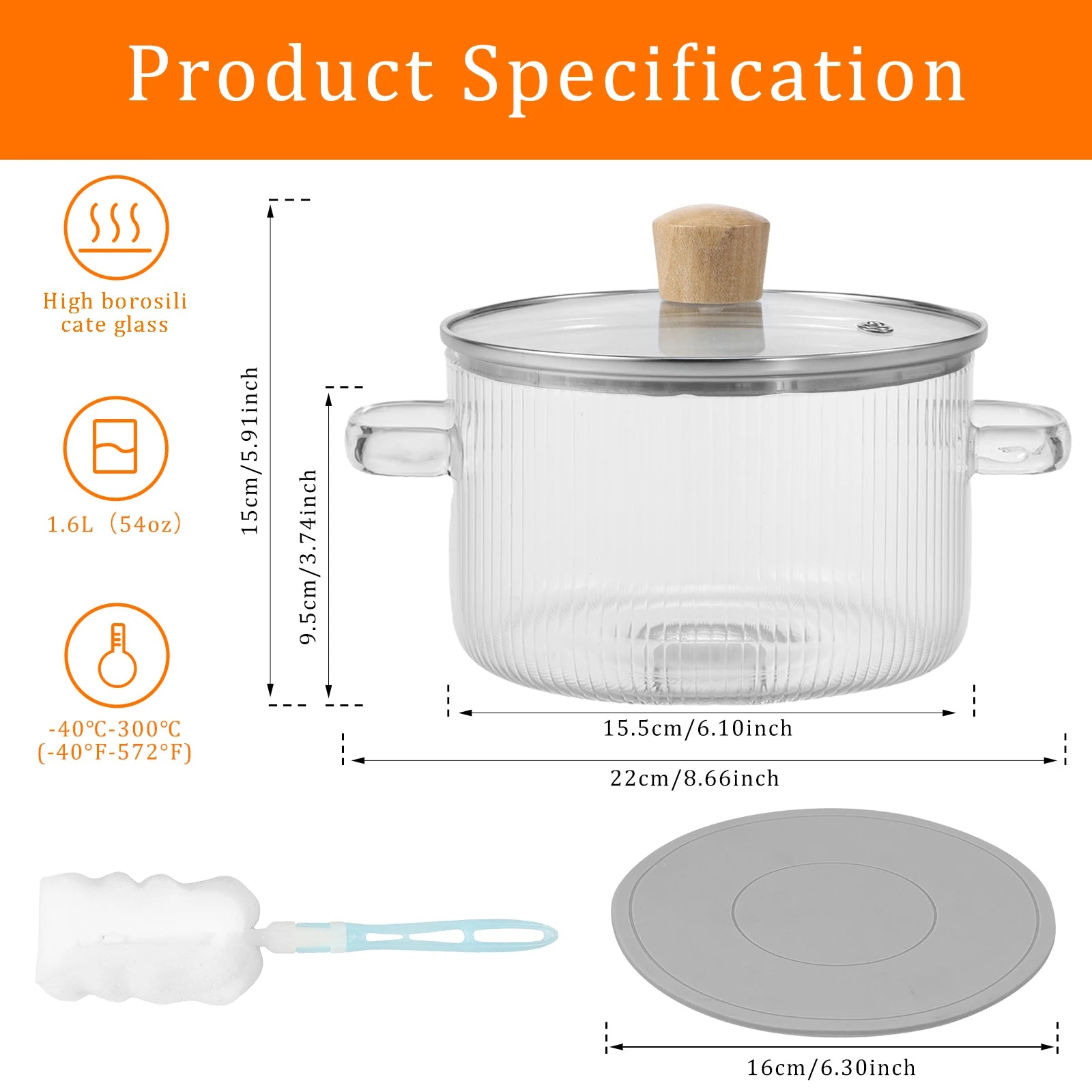 Covered Glass Cooking Pot Stovetop Pot 1.6L Heat Resistant Glass Soup Pot with Lid Handles Glass Saucepan Kitchen Cooking Tools