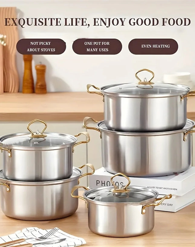 Stainless steel cookware set, including 5 cookware and 5 glass lids, suitable for stoves, soups, hotpot, noodles, seafood soup