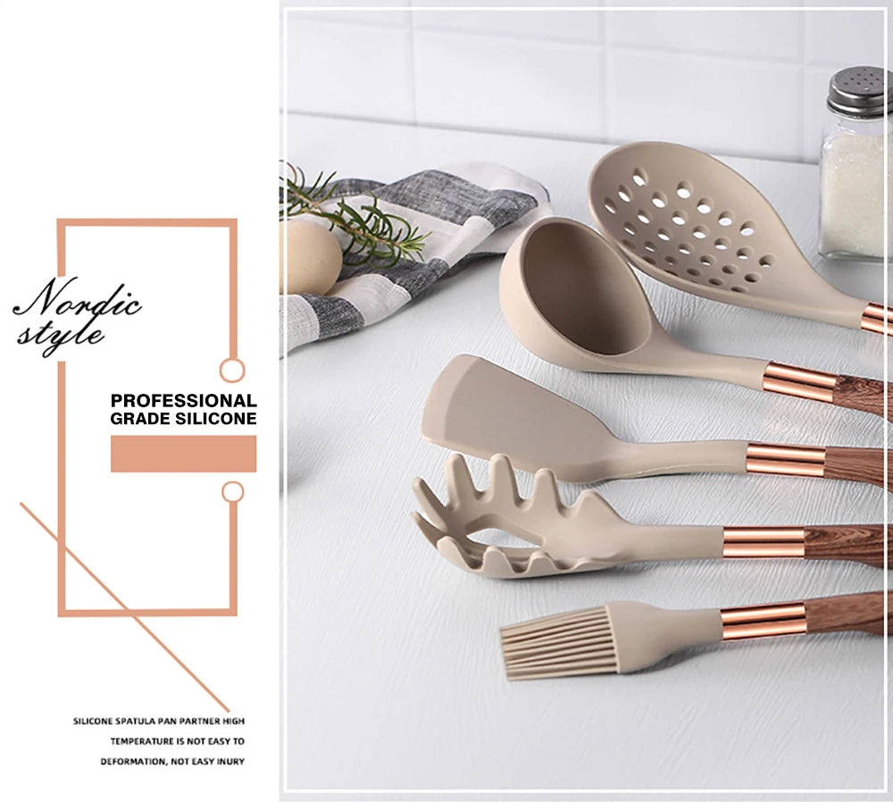 Silicone Cooking Utensils Set Kitchen Heat Resistant Rose Gold-Plated Handle Non-Stick Spatula, Spoon, Quality Gift, 5-13 Pcs