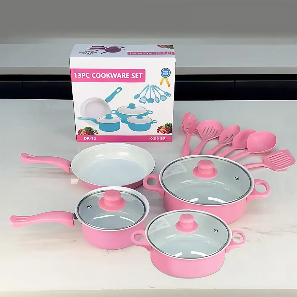 13pcs Non-Stick Cookware Set Deep Frying Pan with Lid Milk Pot Maifan Stone Frying Pan Kitchen Cooking Sets for All Types Cooker