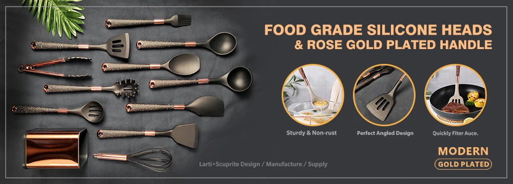 Silicone Cooking Utensils Set Kitchen Heat Resistant Rose Gold-Plated Handle Non-Stick Spatula, Spoon, Quality Gift, 5-13 Pcs