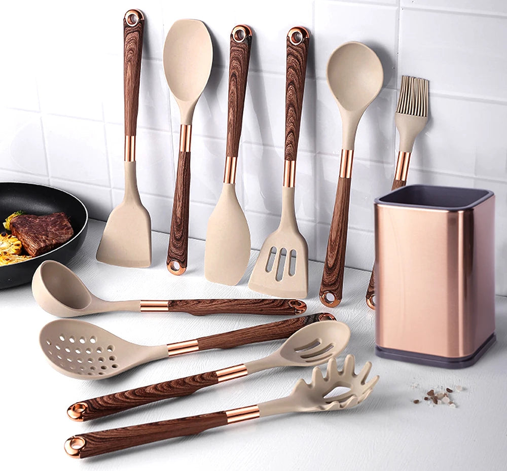 Silicone Cooking Utensils Set Kitchen Heat Resistant Rose Gold-Plated Handle Non-Stick Spatula, Spoon, Quality Gift, 5-13 Pcs