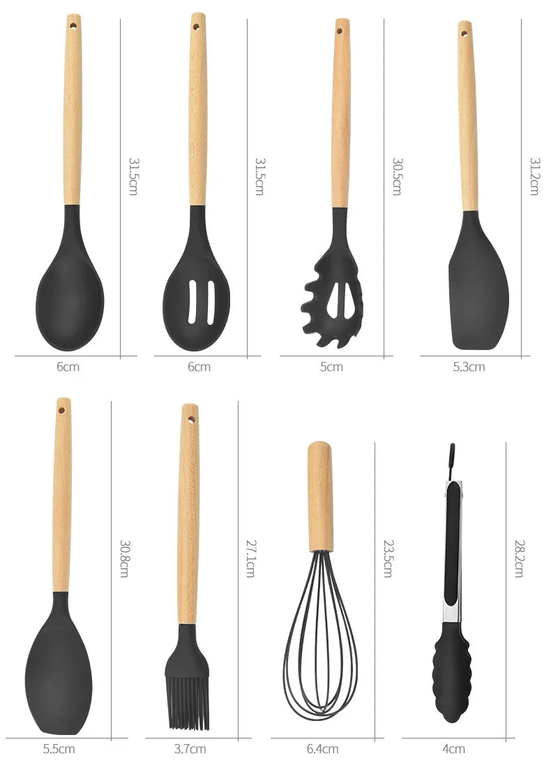 12PCS Mint Green Silicone Kitchen Utensils Set with Wooden Handle, Non-Stick Cooking Tools & Utensil Holder Organizer