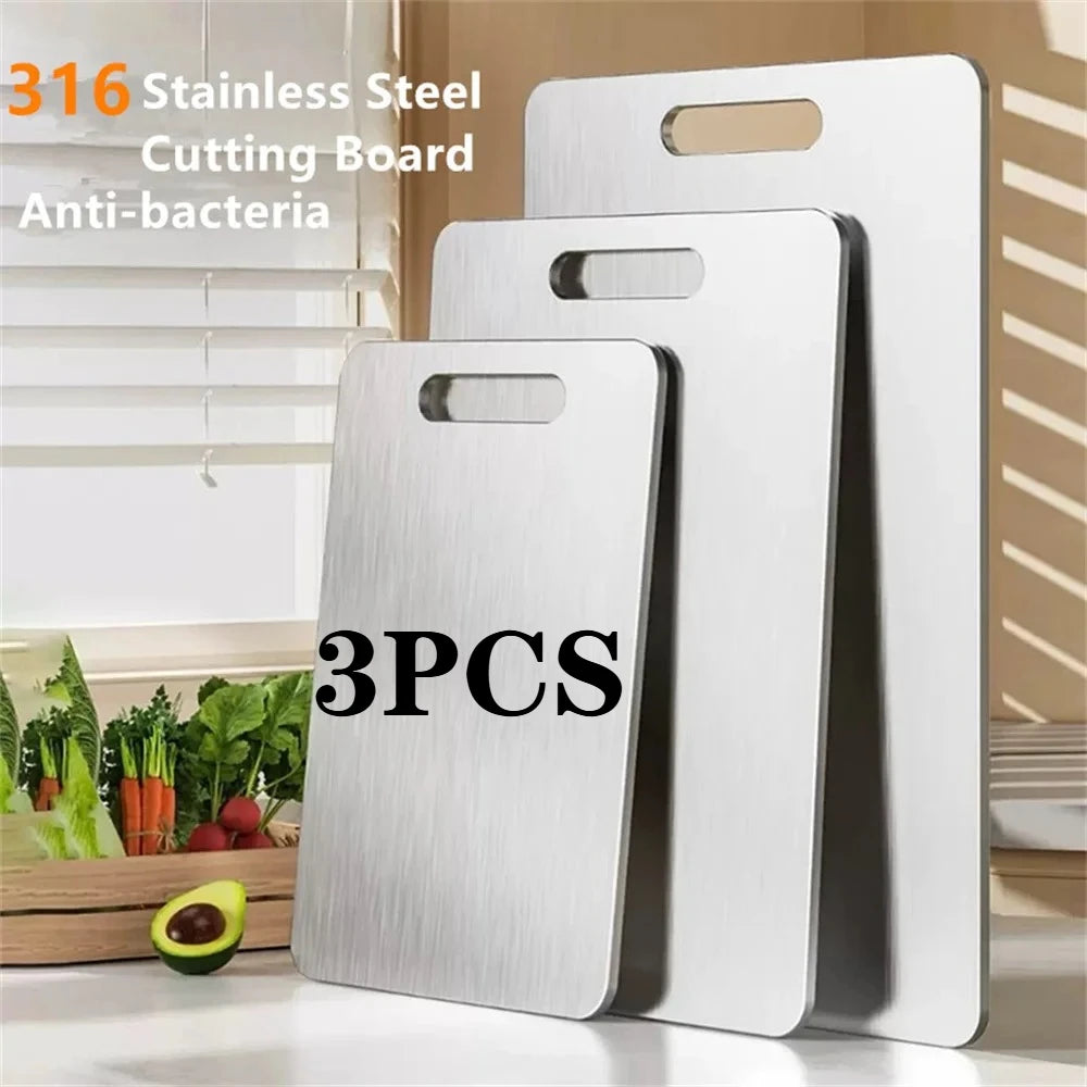 3PC Stainless Steel Chopping Board - Thickened 2-Side for Meat/Fruit/Dough, Dishwasher Safe NonSlip Kitchen Board