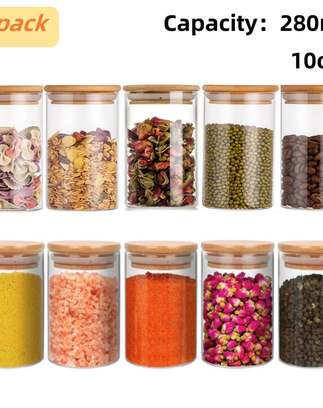 Glass jar with bamboo lid 280ml 10oz glass food storage container, suitable for kitchen spice jars, coffee jars, dried fruit jar