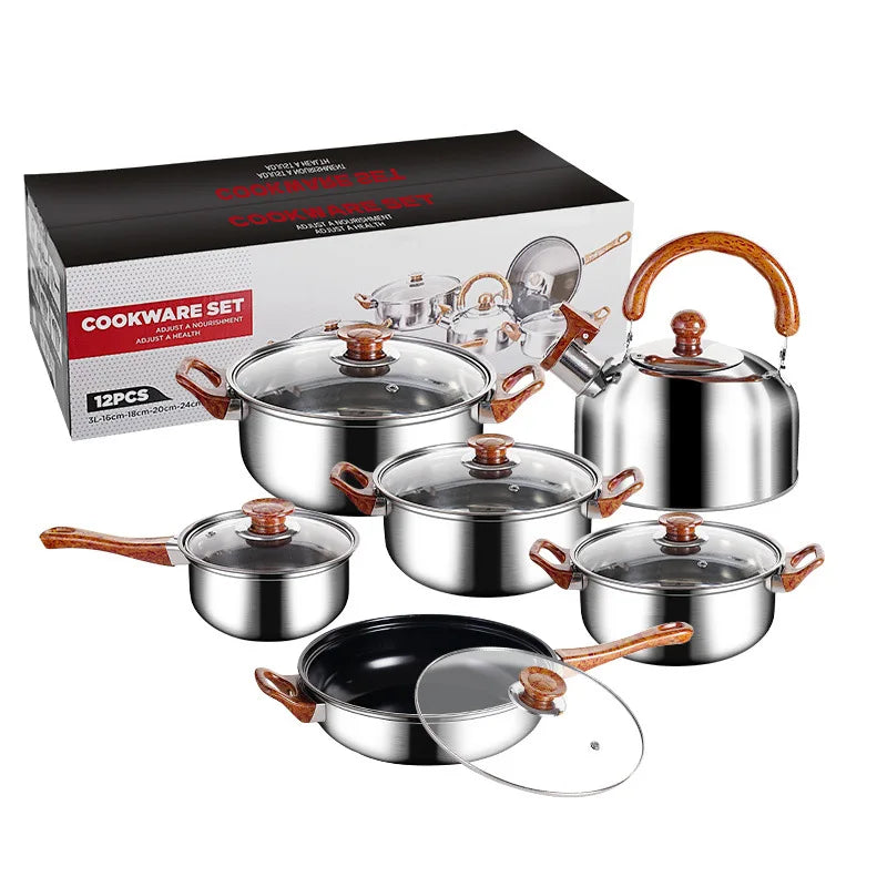 12 Pcs New Kitchen Cookware Stainless Steel Non-Stick Cooking Pots and Pans Set