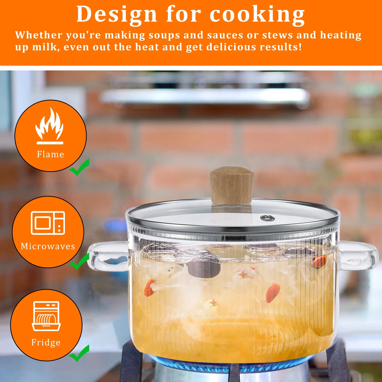 Covered Glass Cooking Pot Stovetop Pot 1.6L Heat Resistant Glass Soup Pot with Lid Handles Glass Saucepan Kitchen Cooking Tools