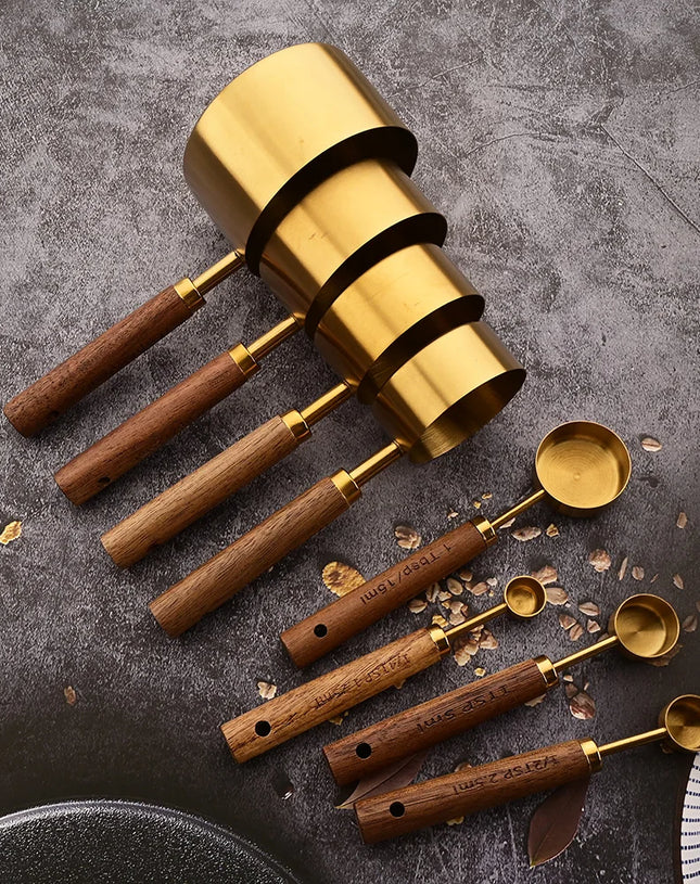 Gold Wooden Handle Stainless Steel Measuring Cups Spoons Baking Tools Coffee Measuring Spoon Set Bartending Scale Accessories