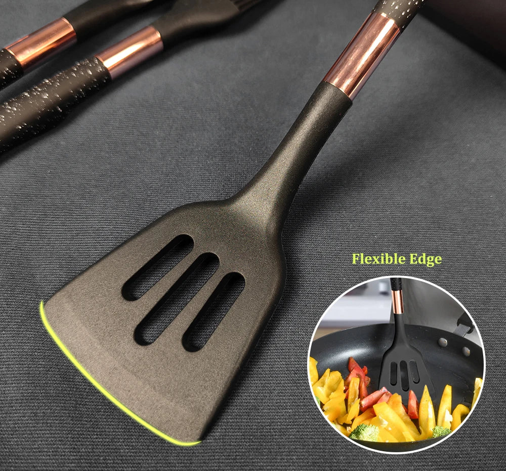 Silicone Cooking Utensils Set Kitchen Heat Resistant Rose Gold-Plated Handle Non-Stick Spatula, Spoon, Quality Gift, 5-13 Pcs