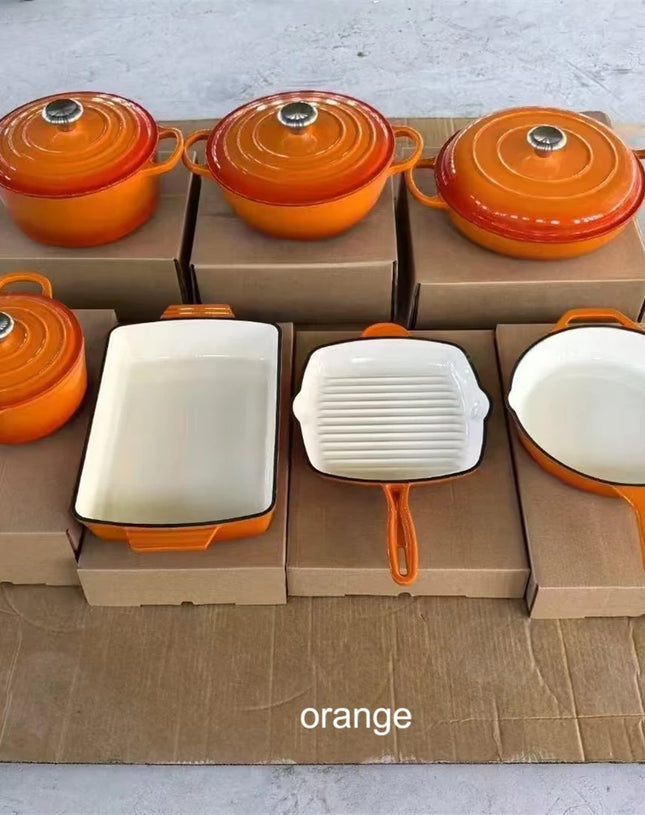 7 pcs/set Non Stick  Enamel Cast Iron Pot Set Fried pand steak pan baking pan tewpot set with colors are available Cookware Sets