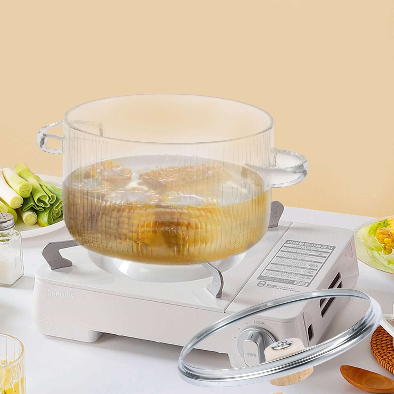 Covered Glass Cooking Pot Stovetop Pot 1.6L Heat Resistant Glass Soup Pot with Lid Handles Glass Saucepan Kitchen Cooking Tools