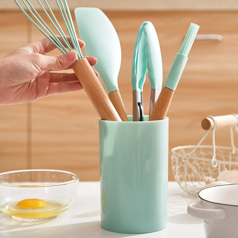 12PCS Mint Green Silicone Kitchen Utensils Set with Wooden Handle, Non-Stick Cooking Tools & Utensil Holder Organizer