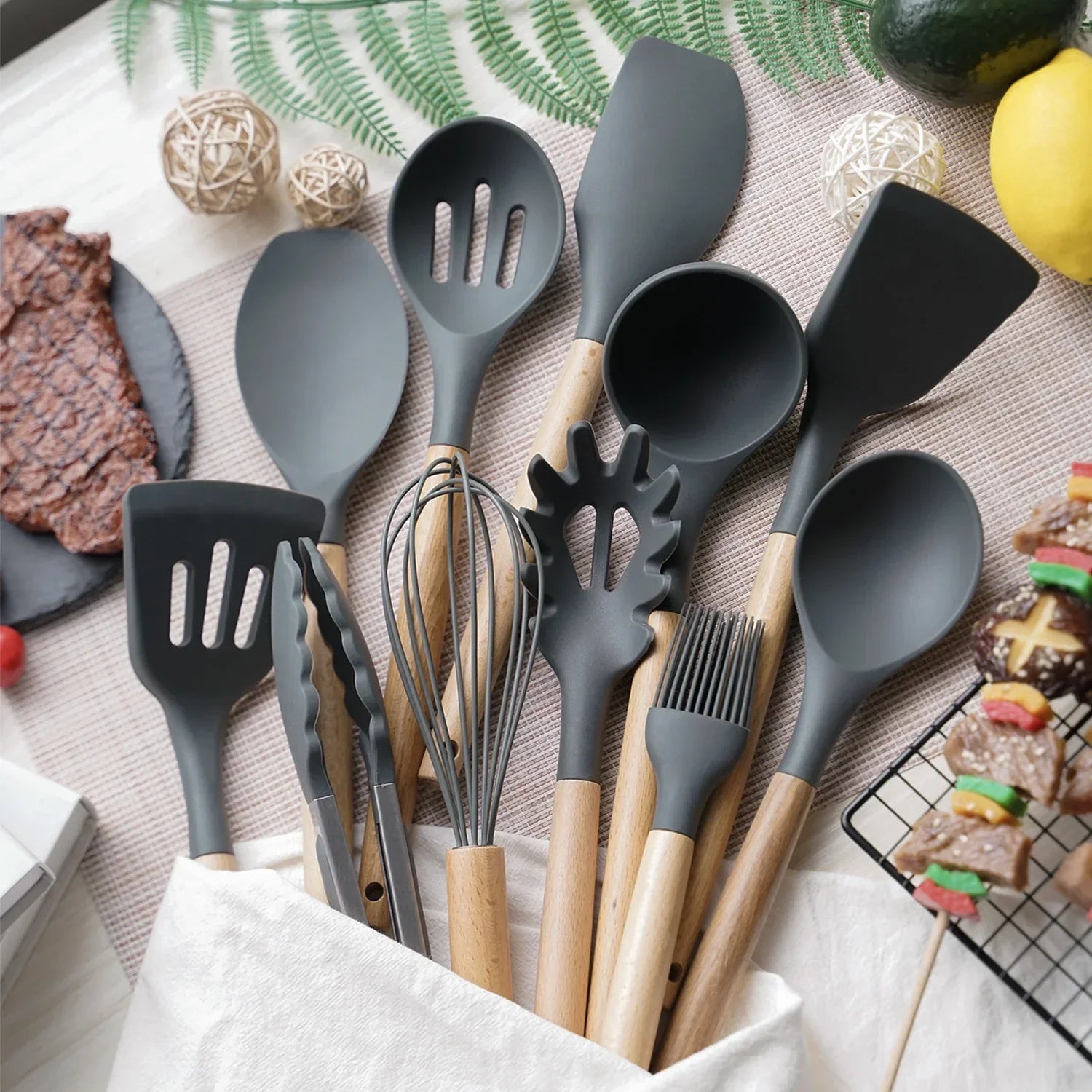 12PCS Mint Green Silicone Kitchen Utensils Set with Wooden Handle, Non-Stick Cooking Tools & Utensil Holder Organizer