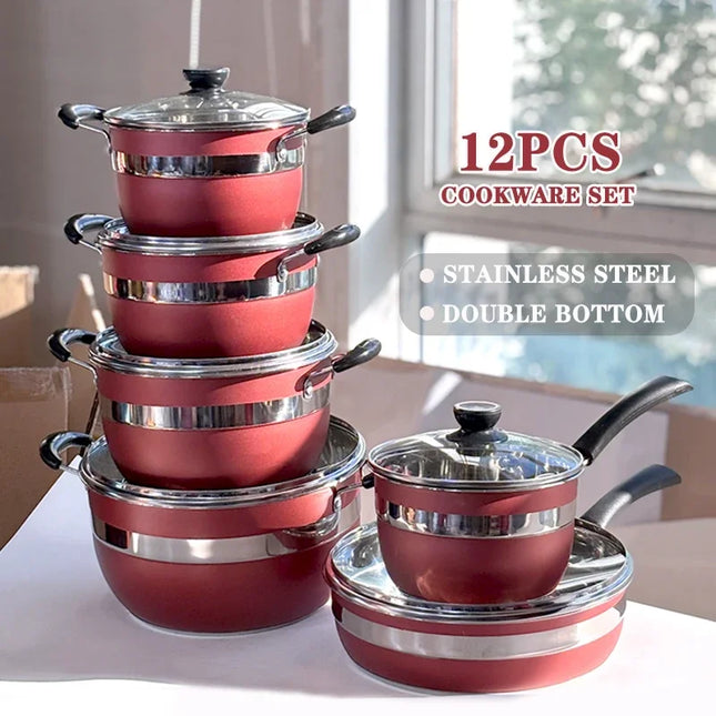 wholesale stainless steel 12pcs cookware set polishing Thickened double bottom stock pots and pans juego de ollas casseroles