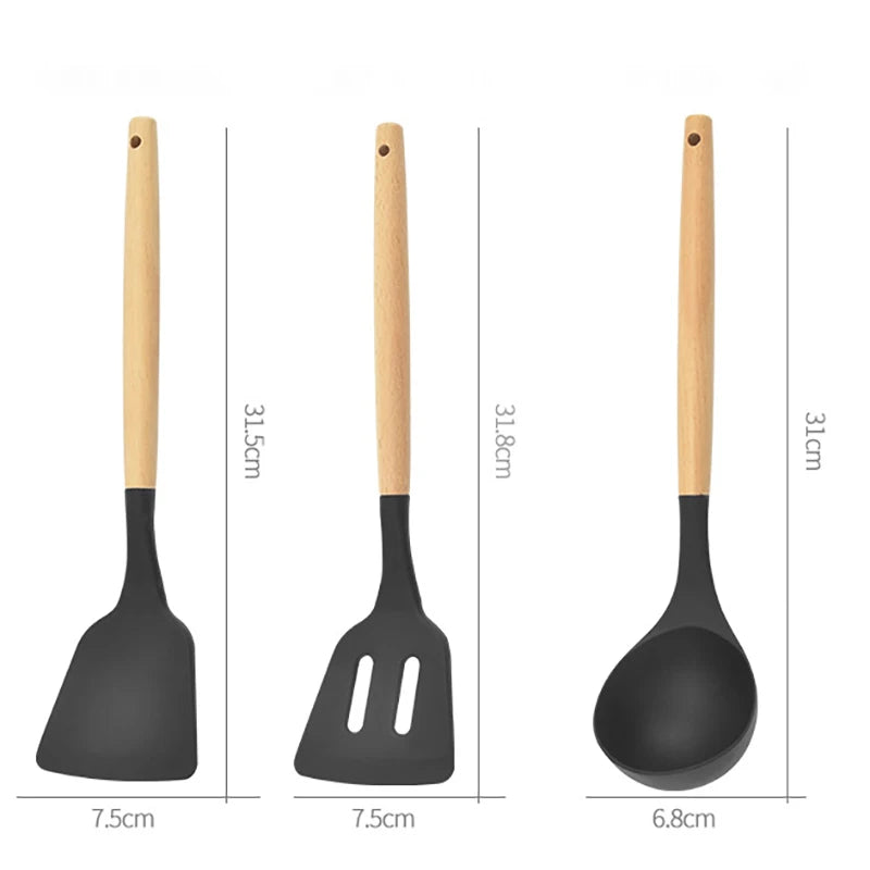 12PCS Mint Green Silicone Kitchen Utensils Set with Wooden Handle, Non-Stick Cooking Tools & Utensil Holder Organizer