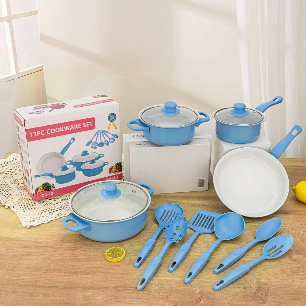 13pcs Non-Stick Cookware Set Deep Frying Pan with Lid Milk Pot Maifan Stone Frying Pan Kitchen Cooking Sets for All Types Cooker