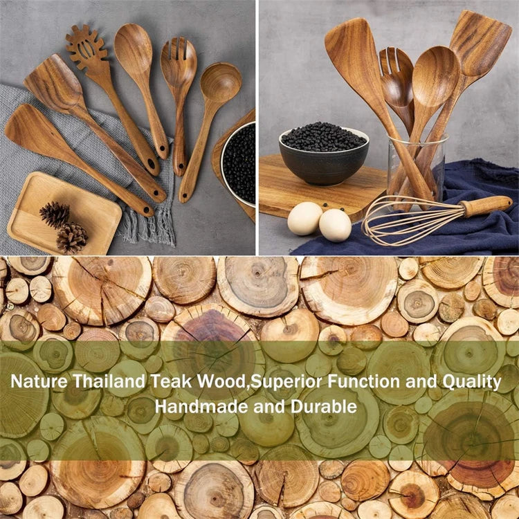 LMETJMA 10 Pack Natural Teak Wooden Kitchen Utensil Set Wooden Spoons Spatula Cooking Utensil Set For Cooking Baking JT503