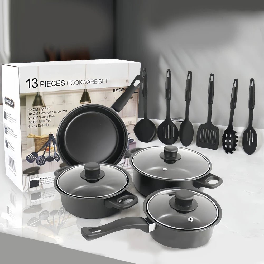 13pcs Non-Stick Cookware Set Deep Frying Pan with Lid Milk Pot Maifan Stone Frying Pan Kitchen Cooking Sets for All Types Cooker