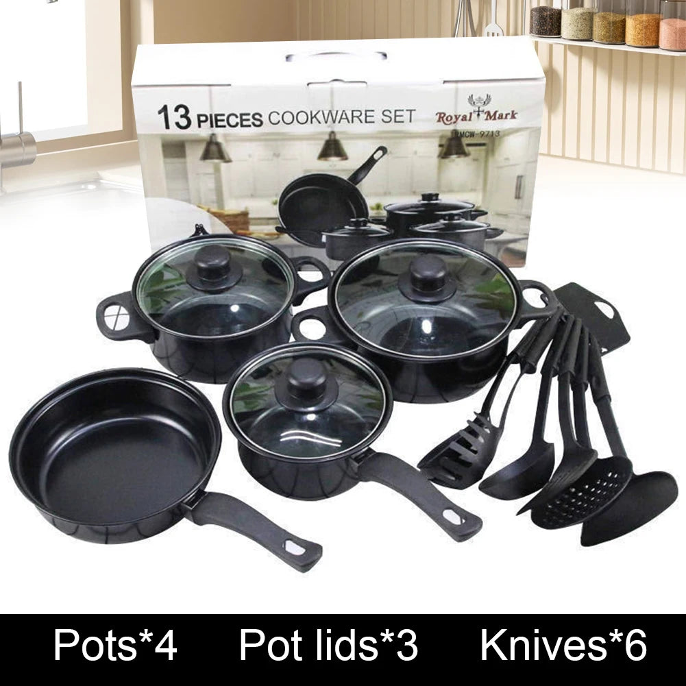 13pcs Non-Stick Cookware Set Deep Frying Pan with Lid Milk Pot Maifan Stone Frying Pan Kitchen Cooking Sets for All Types Cooker