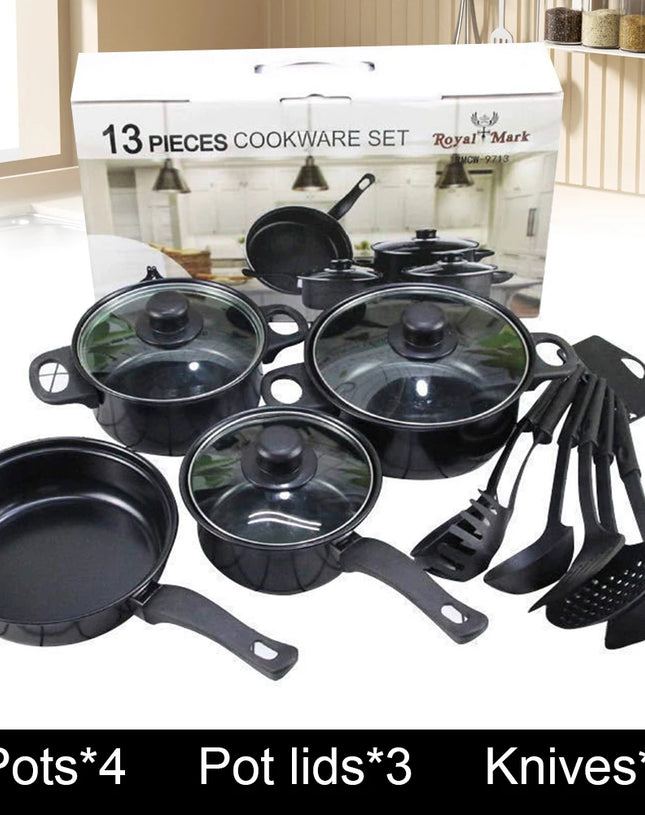 13pcs Non-Stick Cookware Set Deep Frying Pan with Lid Milk Pot Maifan Stone Frying Pan Kitchen Cooking Sets for All Types Cooker