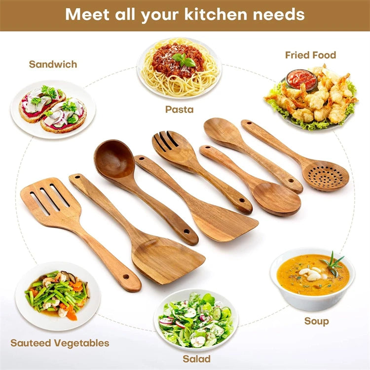 LMETJMA 10 Pack Natural Teak Wooden Kitchen Utensil Set Wooden Spoons Spatula Cooking Utensil Set For Cooking Baking JT503