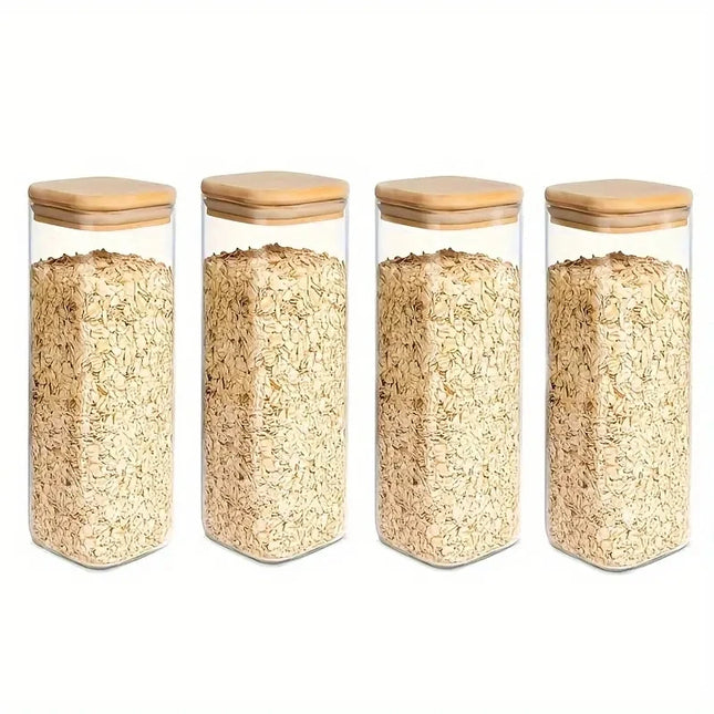 2/4 Pieces, 540Ml/1000Ml Glass Food Storage Jars with Bamboo Lids, Transparent Square Airtight Kitchen Storage Container Set, Stackable Glass Food Storage Jars, Suitable for Kitchen Counters, Candy, Cookies, Rice, Grains