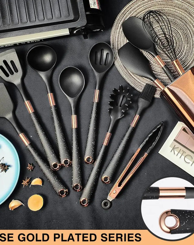 Silicone Cooking Utensils Set Kitchen Heat Resistant Rose Gold-Plated Handle Non-Stick Spatula, Spoon, Quality Gift, 5-13 Pcs