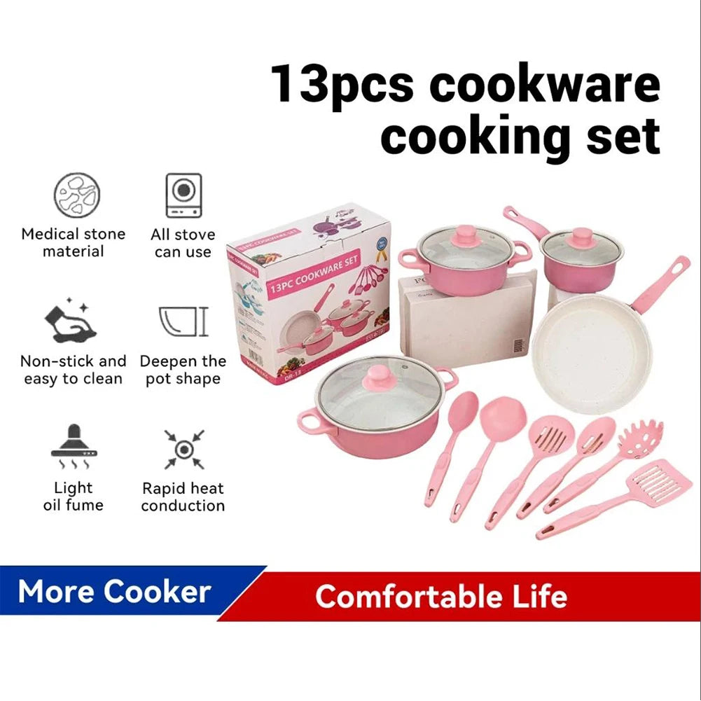 13pcs Non-Stick Cookware Set Deep Frying Pan with Lid Milk Pot Maifan Stone Frying Pan Kitchen Cooking Sets for All Types Cooker