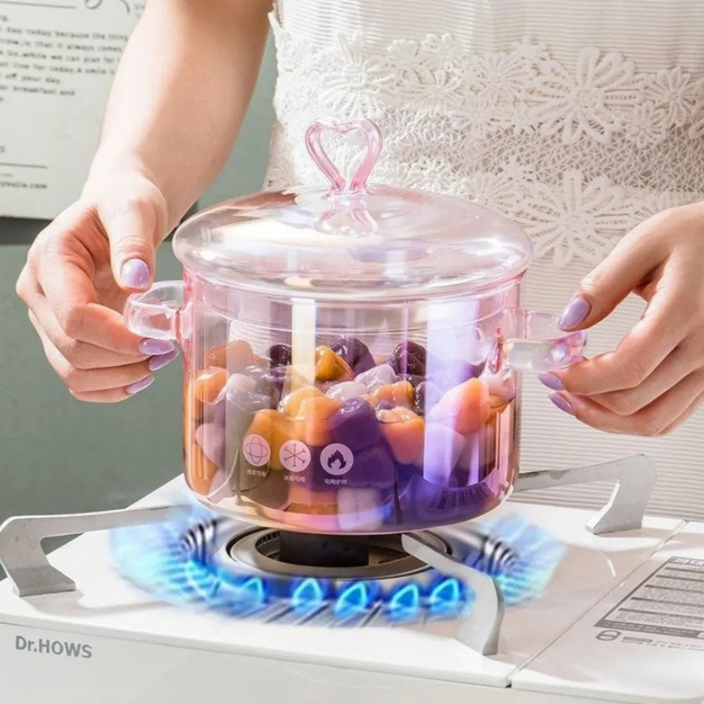 Aesthetic Pink Glass Saucepan Borosilicate Resistant Binaural Soup Stovetop Stew Pot Pasta Noodle Stockpot Cookware Kitchen Tool