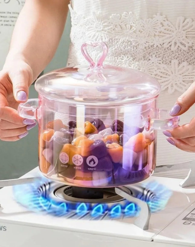 Aesthetic Pink Glass Saucepan Borosilicate Resistant Binaural Soup Stovetop Stew Pot Pasta Noodle Stockpot Cookware Kitchen Tool
