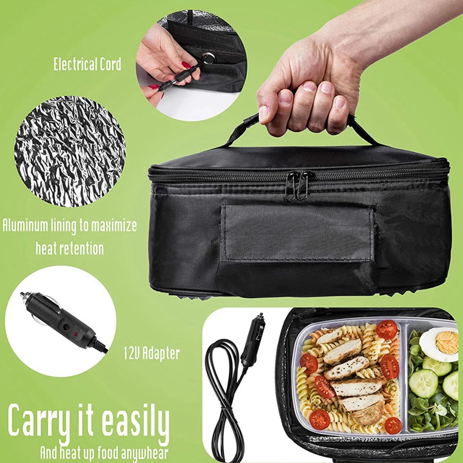 Portable Mini Car Microwave 12V Electric Heated Lunch Box Oven Fast Heating Picnic Box for Travel Camping Food Cooking Black