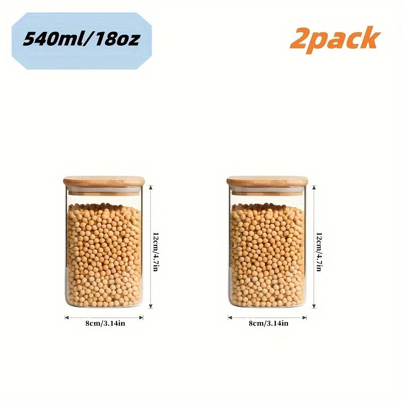 2/4 Pieces, 540Ml/1000Ml Glass Food Storage Jars with Bamboo Lids, Transparent Square Airtight Kitchen Storage Container Set, Stackable Glass Food Storage Jars, Suitable for Kitchen Counters, Candy, Cookies, Rice, Grains