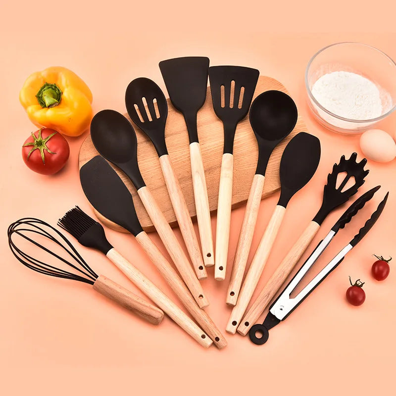 12PCS Mint Green Silicone Kitchen Utensils Set with Wooden Handle, Non-Stick Cooking Tools & Utensil Holder Organizer