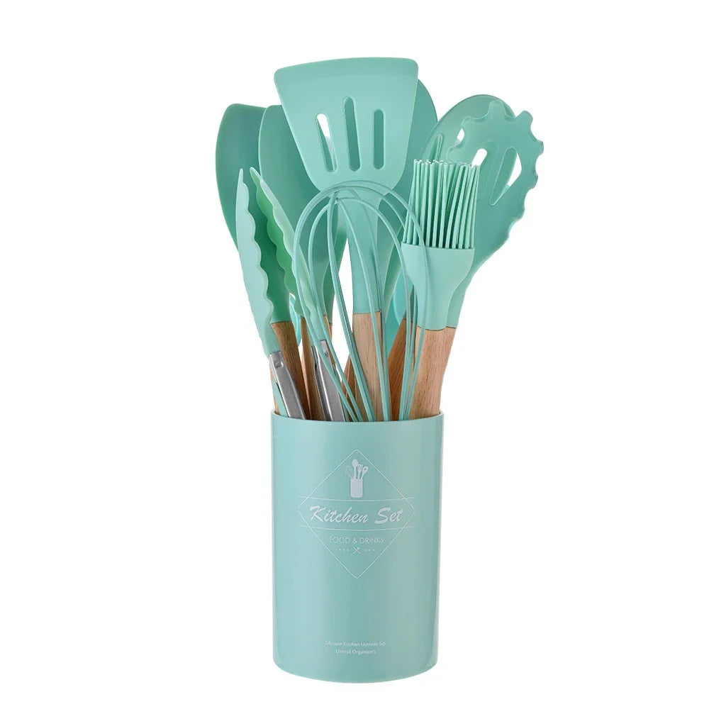 12PCS Mint Green Silicone Kitchen Utensils Set with Wooden Handle, Non-Stick Cooking Tools & Utensil Holder Organizer