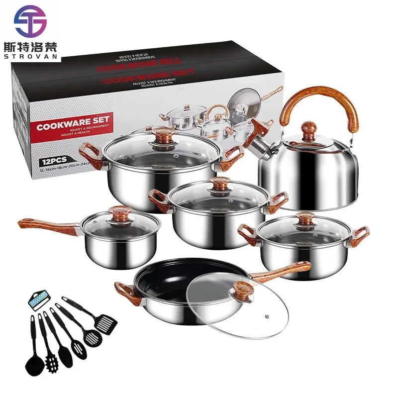 12 Pcs New Kitchen Cookware Stainless Steel Non-Stick Cooking Pots and Pans Set