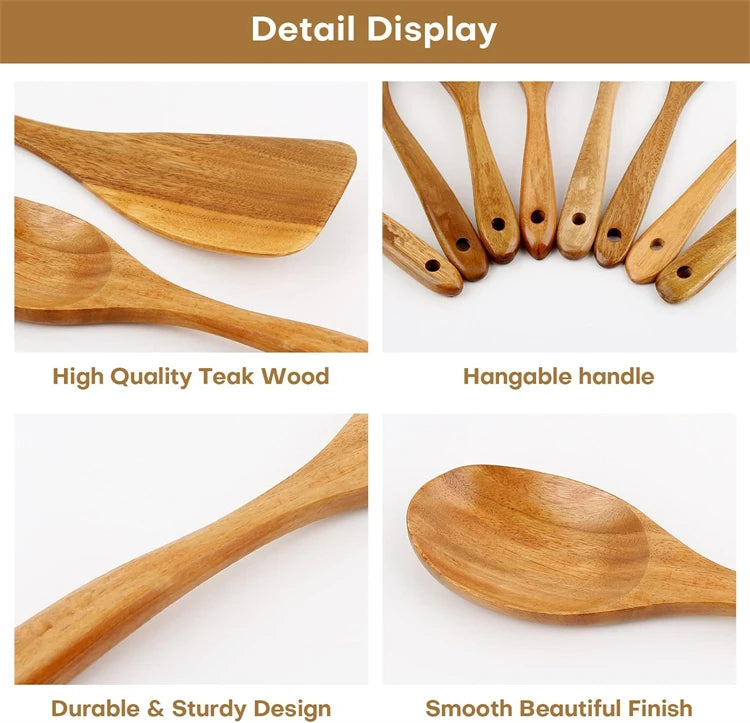 LMETJMA 10 Pack Natural Teak Wooden Kitchen Utensil Set Wooden Spoons Spatula Cooking Utensil Set For Cooking Baking JT503