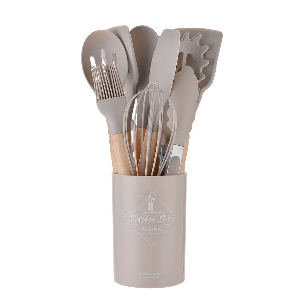12PCS Mint Green Silicone Kitchen Utensils Set with Wooden Handle, Non-Stick Cooking Tools & Utensil Holder Organizer