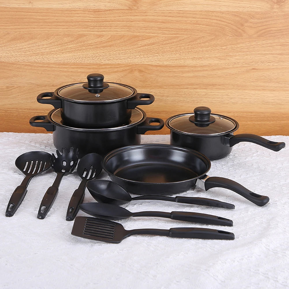 13pcs Non-Stick Cookware Set Deep Frying Pan with Lid Milk Pot Maifan Stone Frying Pan Kitchen Cooking Sets for All Types Cooker
