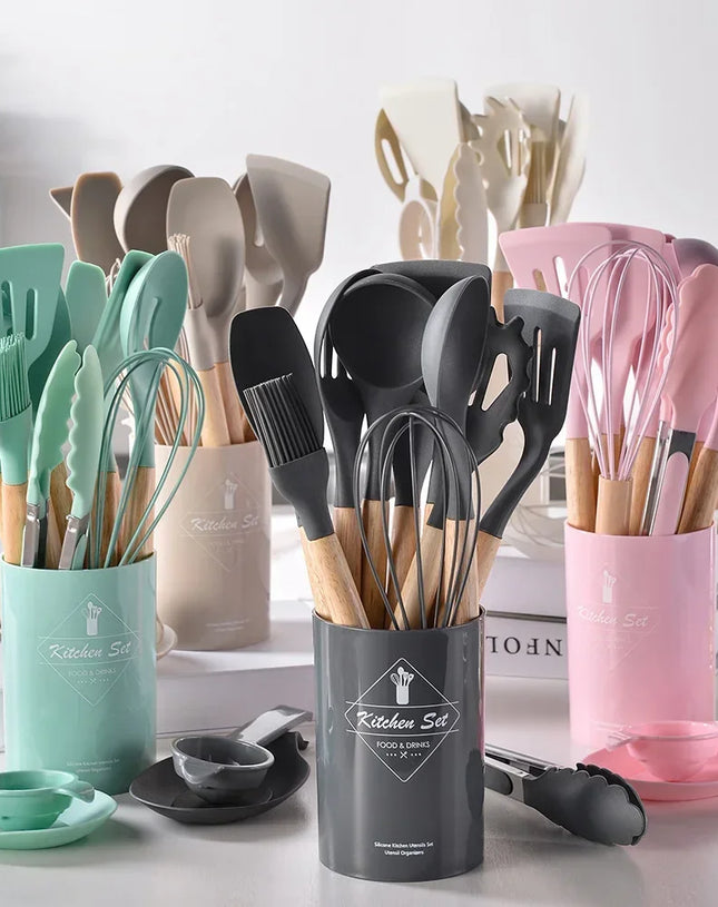 12PCS Mint Green Silicone Kitchen Utensils Set with Wooden Handle, Non-Stick Cooking Tools & Utensil Holder Organizer