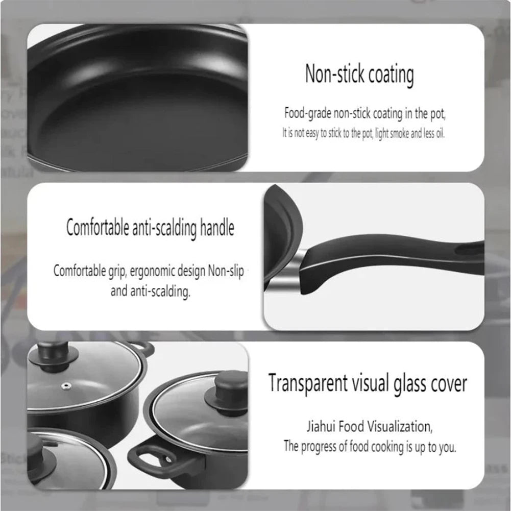 13pcs Non-Stick Cookware Set Deep Frying Pan with Lid Milk Pot Maifan Stone Frying Pan Kitchen Cooking Sets for All Types Cooker