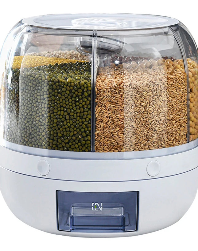 360° Rotating 6-Grid Food Dispenser - Airtight Kitchen Storage Container for Grains, Cereal & Dry Goods