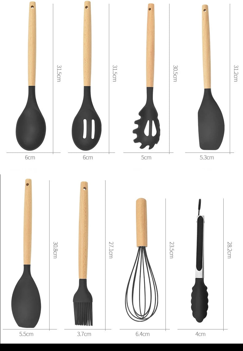 12PCS Mint Green Silicone Kitchen Utensils Set with Wooden Handle, Non-Stick Cooking Tools & Utensil Holder Organizer