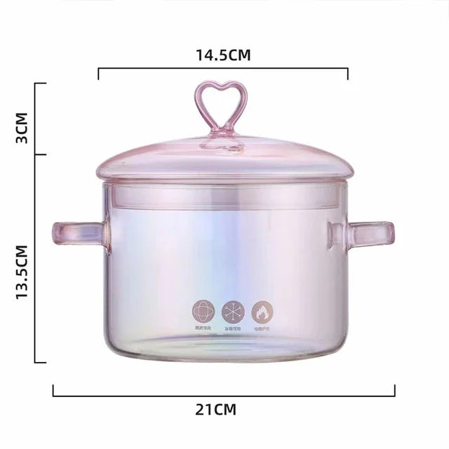 Aesthetic Pink Glass Saucepan Borosilicate Resistant Binaural Soup Stovetop Stew Pot Pasta Noodle Stockpot Cookware Kitchen Tool