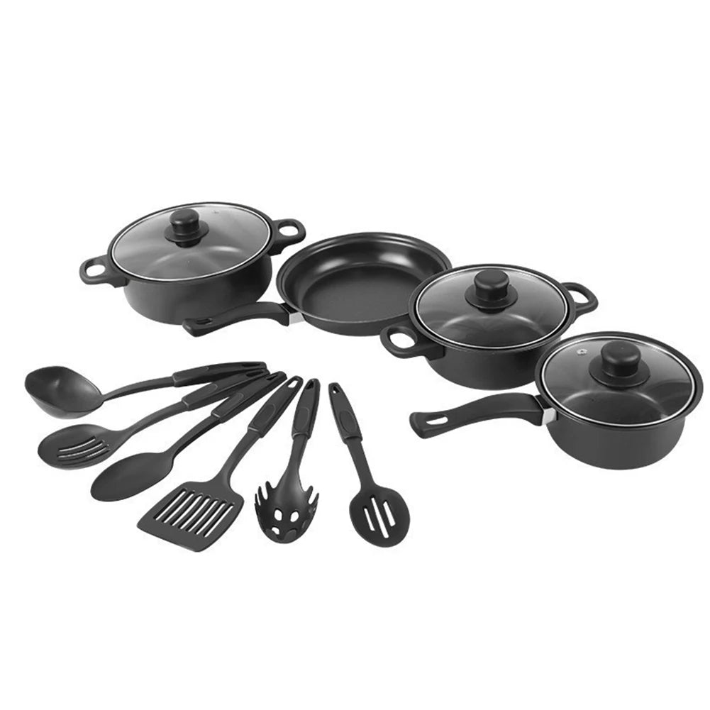 13pcs Non-Stick Cookware Set Deep Frying Pan with Lid Milk Pot Maifan Stone Frying Pan Kitchen Cooking Sets for All Types Cooker