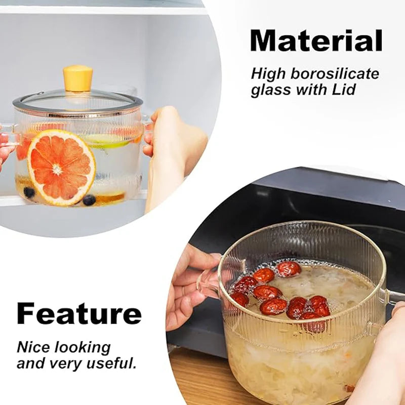 Covered Glass Cooking Pot Stovetop Pot 1.6L Heat Resistant Glass Soup Pot with Lid Handles Glass Saucepan Kitchen Cooking Tools