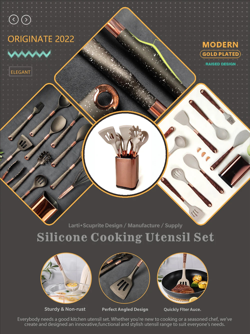 Silicone Cooking Utensils Set Kitchen Heat Resistant Rose Gold-Plated Handle Non-Stick Spatula, Spoon, Quality Gift, 5-13 Pcs